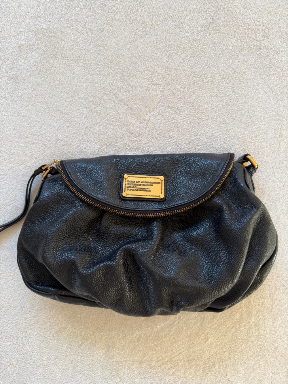 Marc By Marc Jacobs Black Pebbled Leather Shoulder Bag with Gold Plaque Accent
